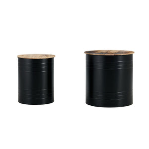 Farmhouse Rustic Distressed Metal Accent Cocktail Table with Wood Top-BLK Set of 2