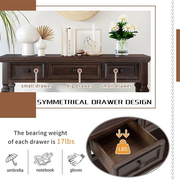 Classic Retro Style Espresso Console Table with Three Top Drawers and Open Bottom Shelf Easy Assembly