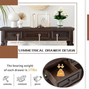 Classic Retro Style Espresso Console Table with Three Top Drawers and Open Bottom Shelf Easy Assembly