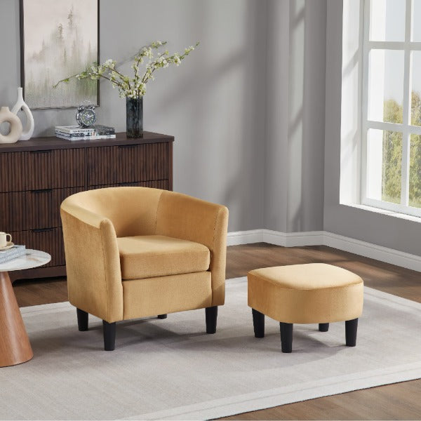 Velvet Accent Chair with Ottoman, Modern Barrel Chair Armchair for Living Room, Green