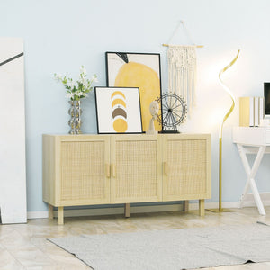Adjustable Shelves Boho Accent Cabinet for Living Room 3 Rattan Doors Kitchen Storage Garage Cabinets Natural Kitchen Cabinet