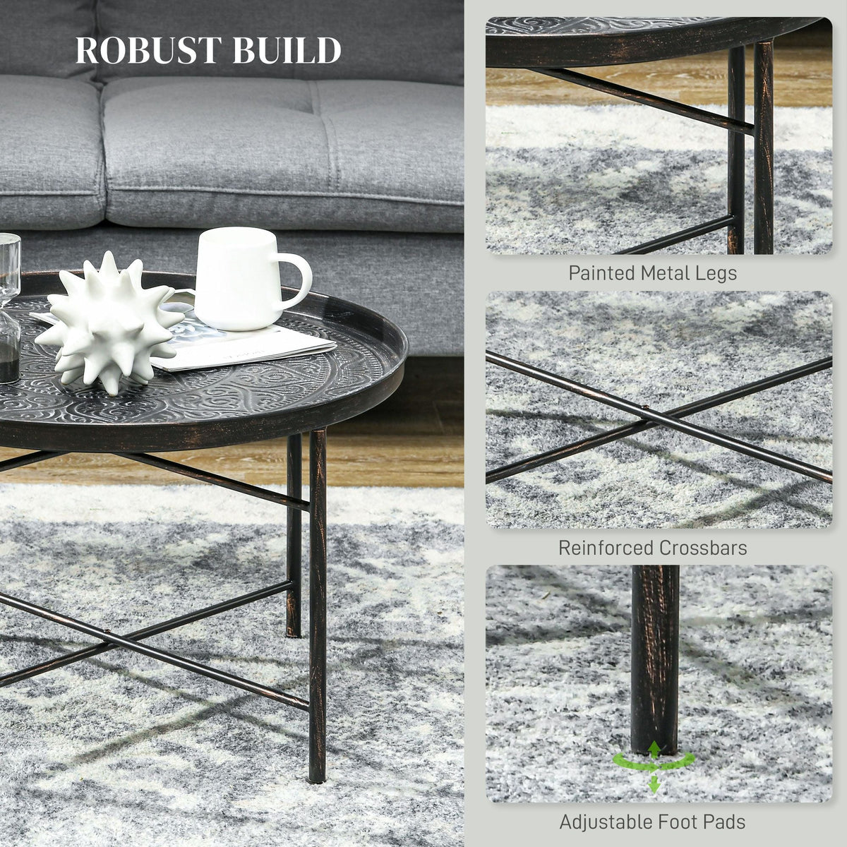 24\" Round Hammered Tray Top Coffee Table with Metal Frame Cafe Table for Living Room and Bedroom in Pewter