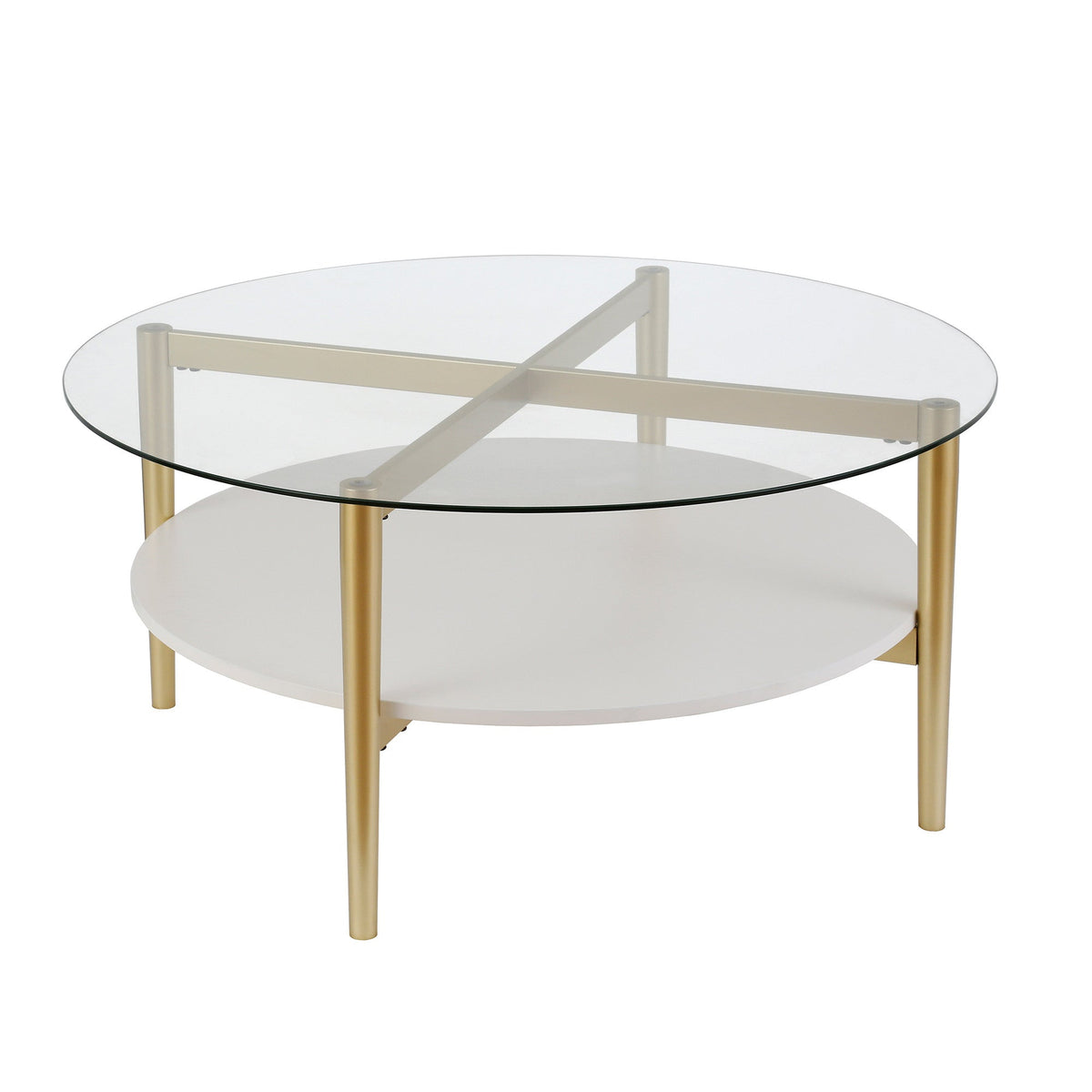 HMS 36\" Clear and Gold Glass and Steel Round Coffee Table with Shelf