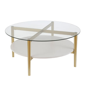HMS 36\" Clear and Gold Glass and Steel Round Coffee Table with Shelf