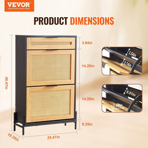 2-Flap Rattan Drawers 1-Slide Drawer Black Metal Legs Slim Narrow Entryway Shoe Storage Organizer Shoe Cabinet