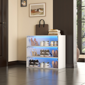 Solid Wood Shoe Rack Cabinet Convertible White Glass Door Shoe Storage with RGB LED Light Home Furniture-FCJ