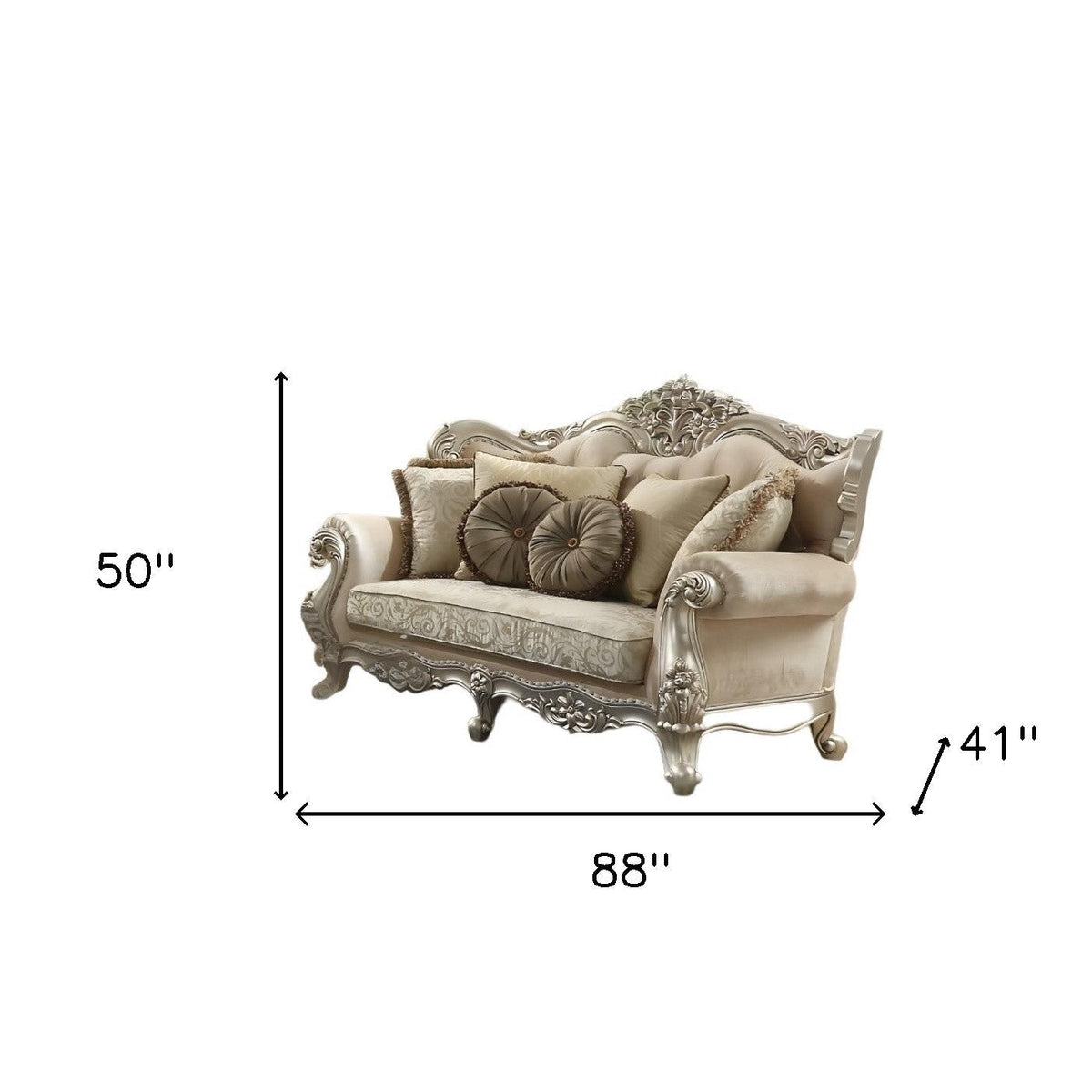 hms 88" Champagne Velvet Curved Floral Sofa And Toss Pillows