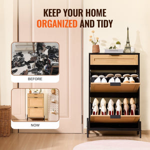 2-Flap Rattan Drawers 1-Slide Drawer Black Metal Legs Slim Narrow Entryway Shoe Storage Organizer Shoe Cabinet