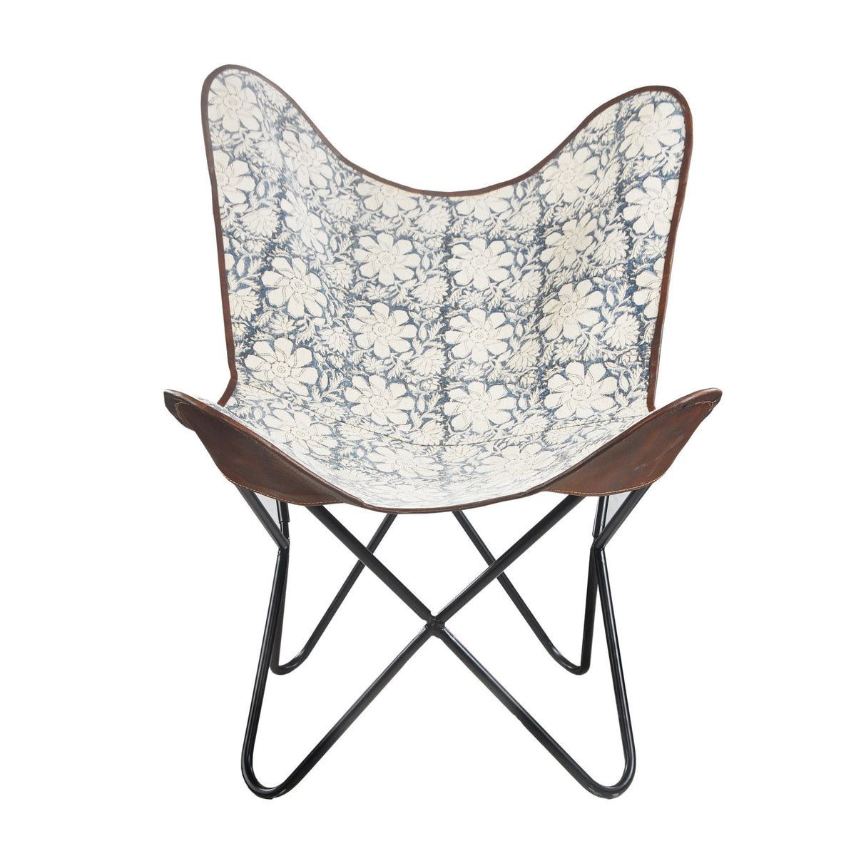 HMS 30\" Blue and Cream Floral Butterfly Chair Elegant Canvas Living Room Furniture