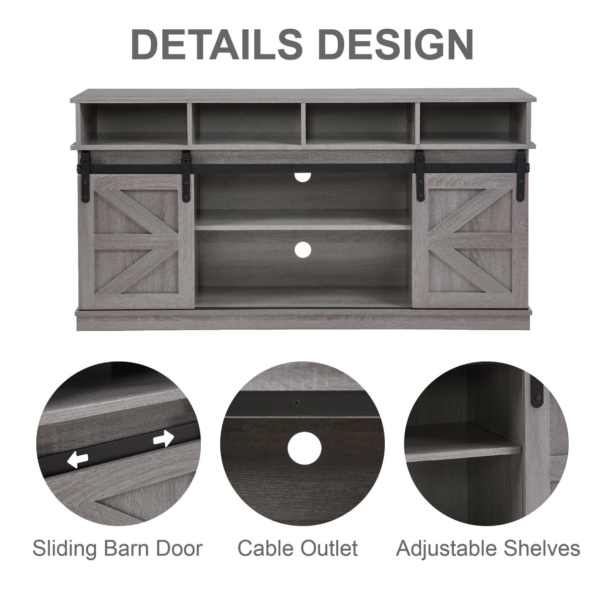 Modern Farmhouse Style TV Stand Sliding Barn Door Wood Entertainment Center Storage Cabinet Adjustable Shelves for TVs 65\" 65\"