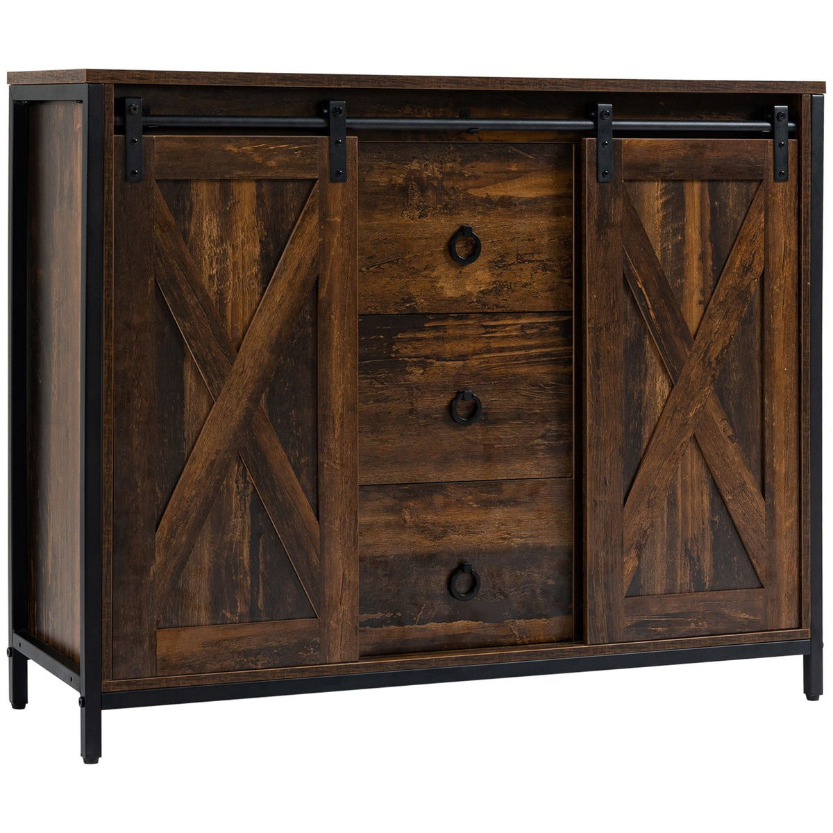 Rustic Brown Kitchen Sideboard Cabinet with Barn Doors 3-Drawers Adjustable Shelves Living Room Buffet Storage Rustic Brown