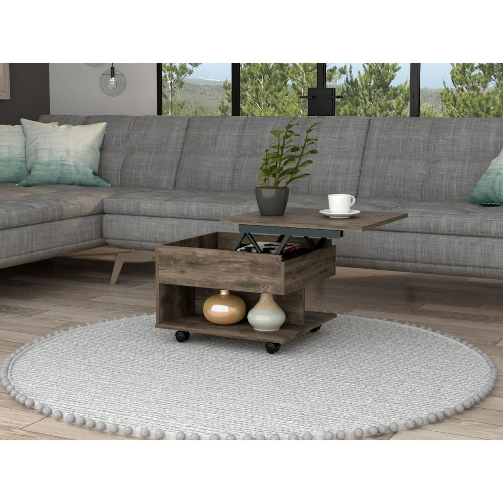 Lift Top Coffee Table, Casters, One Shelf, Dark Brown