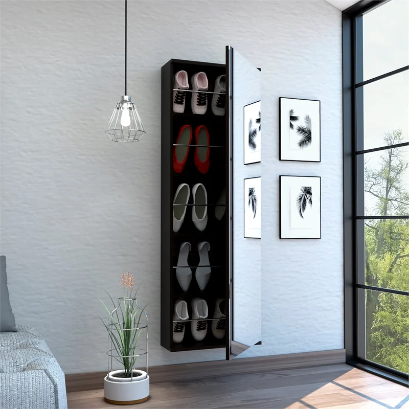 HMS Stylish Black Wengue Wall-Mounted Shoe Rack Cabinet Space-Saving Home Furniture with Mirror