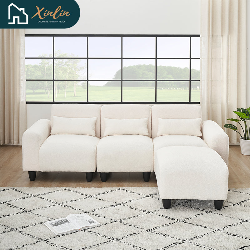 Modern 84.6-inch Beige Teddy Fleece Sofa Creatively Assembled Into a Two-Seater with Single Couch From American Warehouse