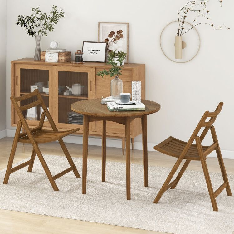 Set of 2 Folding Dining Chairs with Rubber Wood Frame and Slatted Seat for Living Room Use