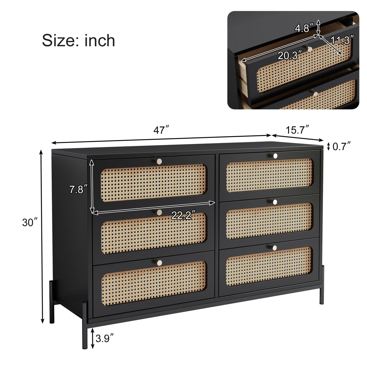 Solid Black Wooden Furniture for Living Room Table Top Rattan Wood Cabinet Closet for Farmhouse Hotel Hall Entry
