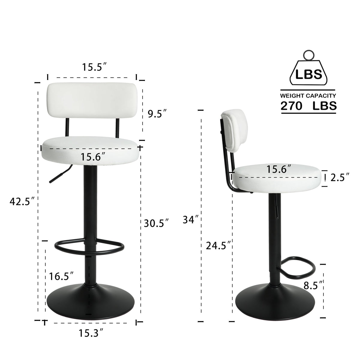 Counter Stools,Set of 2 Bar Stools with Back and Footrest, Modern Metal Counter Height Barstools for Kitchen Home Bar