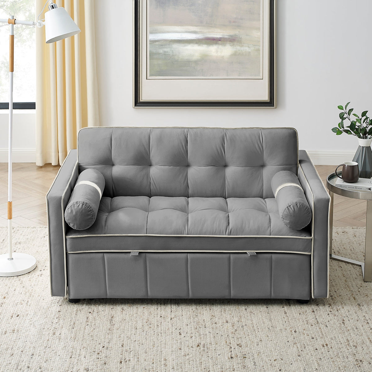 Modern Luxury 55.5 Inch Pull-Out Sleep Sofa Bed 2-Seater Loveseat Couch with Side Pockets Velvet Material Extendable Feature