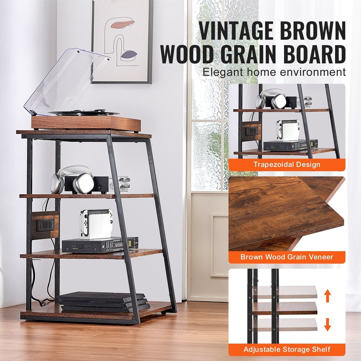 4-Tier Brown Wooden Shelves Corner TV Stand LED Lights Height Adjustable AV Media Stand for DVD Players Cable Boxes Games