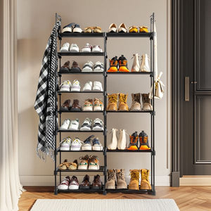 FCH Double Row 9 Layers Non-Woven Shoe Rack Iron Pipe + PP Pad + Plastic 85.7*29.8*158cm Black with Handles