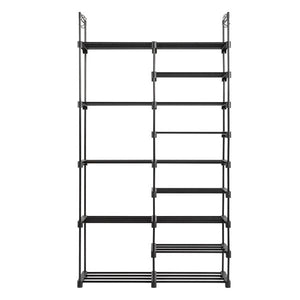 FCH Double Row 9 Layers Non-Woven Shoe Rack Iron Pipe + PP Pad + Plastic 85.7*29.8*158cm Black with Handles