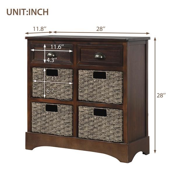 Espresso Rustic Dining/Living Room Storage Cabinet with Two Drawers and Four Classic Rattan Baskets