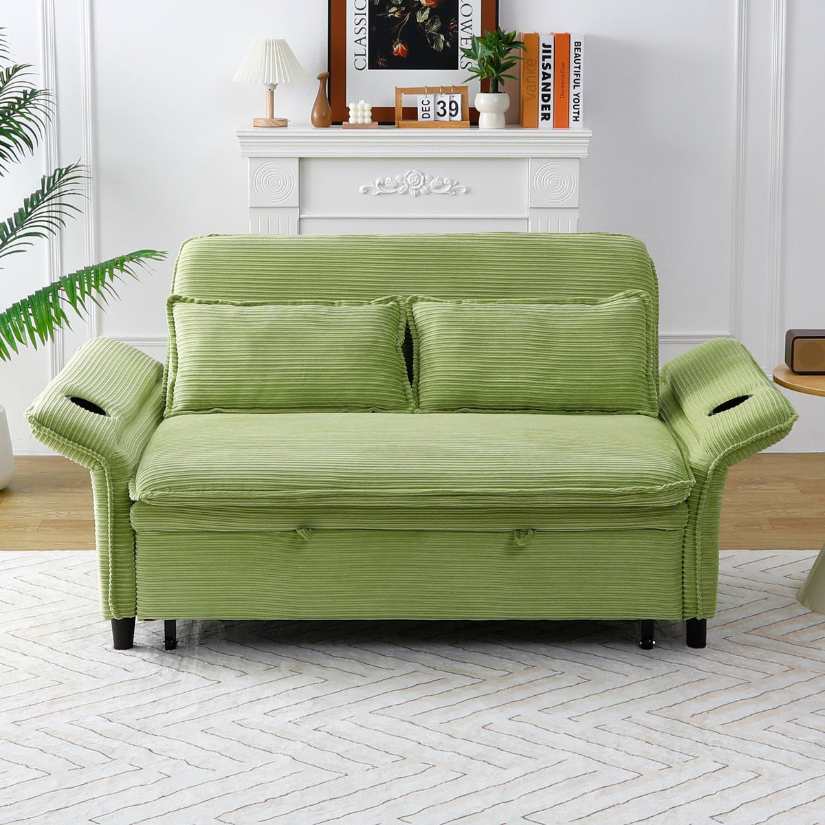 Adjustable Armrests and Backrests 65.74-Inch  Striped Fabric Multi-Functional Sofa Bed for Bedrooms and Living Rooms