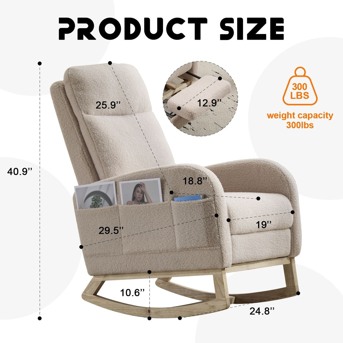 Modern Accent High Backrest Rocking Chair Solid Wood Legs Beige Teddy Upholstered Nursery Glider Rocker Comfy Living Room