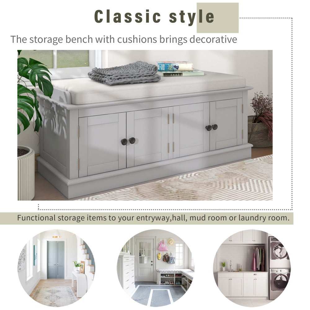 Storage Bench with 4 Doors and Adjustable Shelves, Shoe Bench with Removable Cushion for Living Room