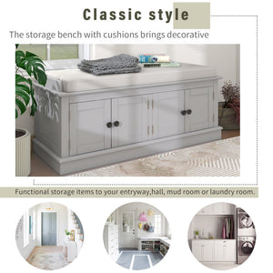 Storage Bench with 4 Doors and Adjustable Shelves, Shoe Bench with Removable Cushion for Living Room