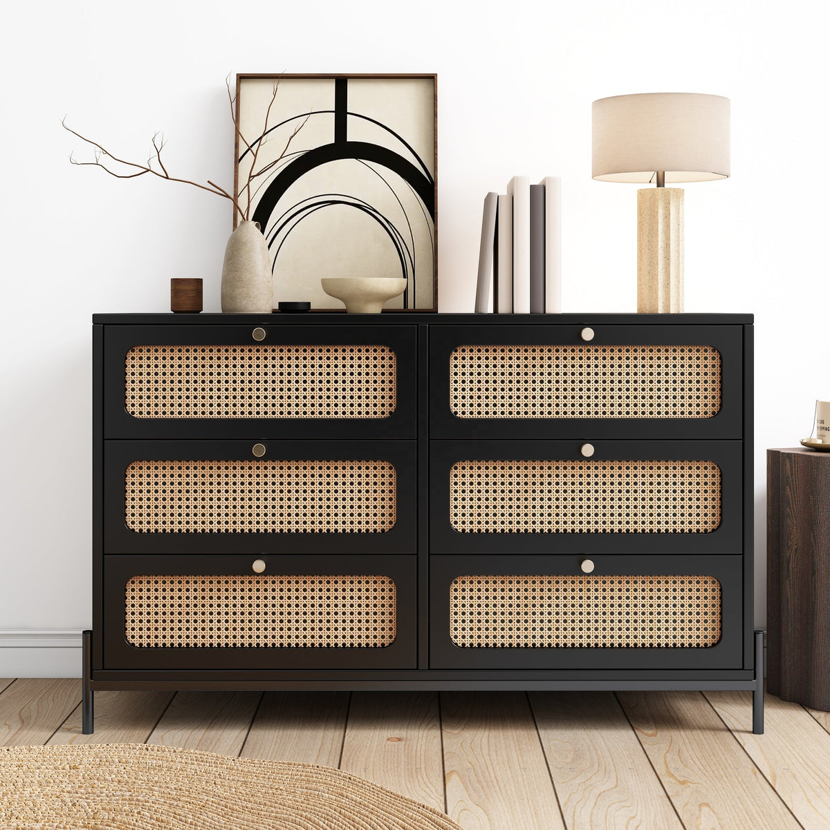 Solid Black Wooden Furniture for Living Room Table Top Rattan Wood Cabinet Closet for Farmhouse Hotel Hall Entry
