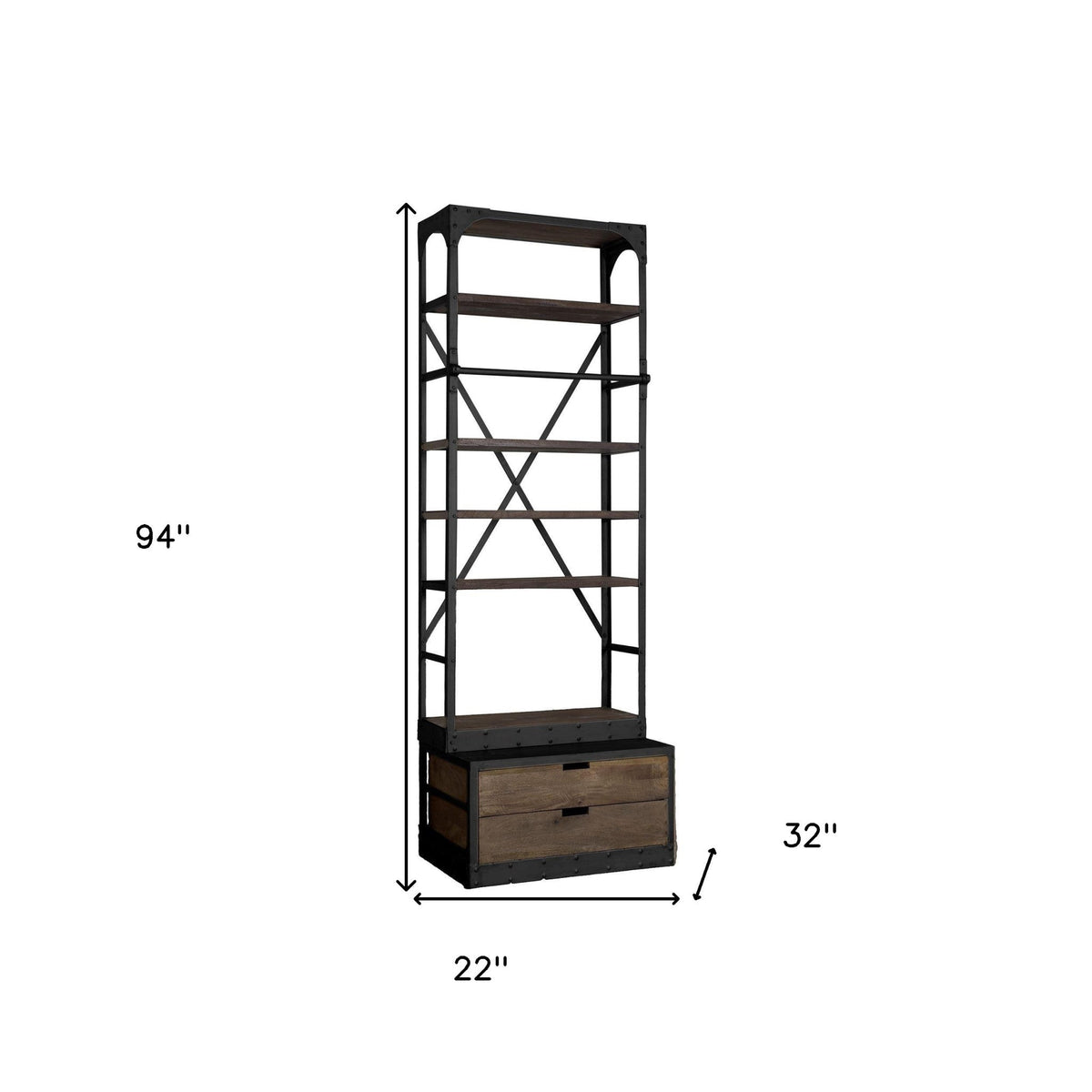 HMS Traditional Contemporary Five Tier Bookshelf Solid Wood Black Iron with Two Drawers for Home Office Workshop Hotel Use