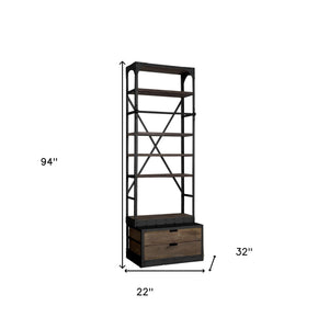 HMS Traditional Contemporary Five Tier Bookshelf Solid Wood Black Iron with Two Drawers for Home Office Workshop Hotel Use