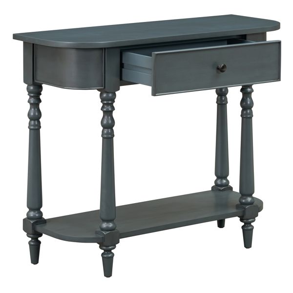 Navy Retro Entryway Console Table with Open Shelf and Top Drawer Narrow Curved Corner Sofa Table for Living Room and Hallway