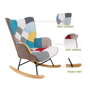 Rocking Chair, Mid Century Fabric Rocker Chair with Wood Legs and Patchwork Linen for Livingroom Bedroom