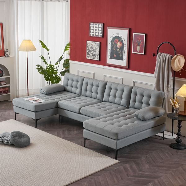 Light Gray U-Shape Indoor Sectional Sofa Soft-Covered Armrest Backrest Pull Point Wooden Frame Iron Frame Black Feet Living Room