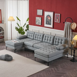 Light Gray U-Shape Indoor Sectional Sofa Soft-Covered Armrest Backrest Pull Point Wooden Frame Iron Frame Black Feet Living Room