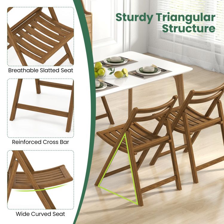 Set of 2 Folding Dining Chairs with Rubber Wood Frame and Slatted Seat for Living Room Use