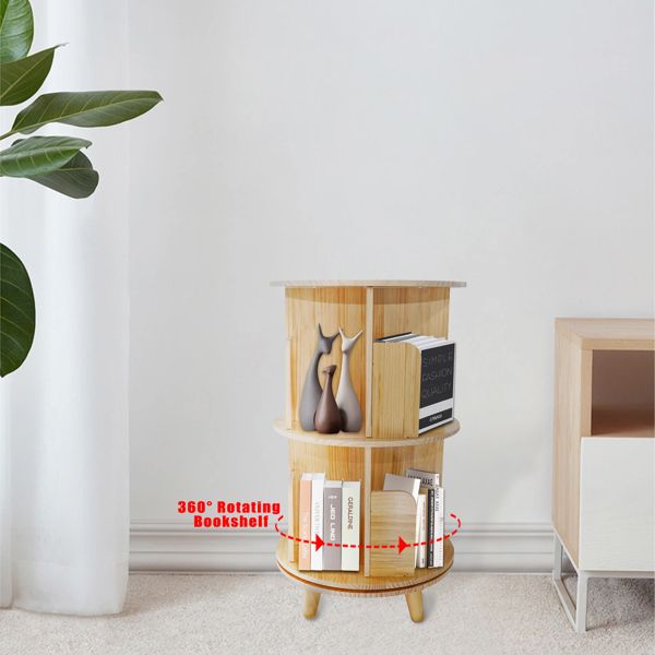 2-Layer 360-Rotation Pine Wood Bookcase Display Rack and Bookshelf