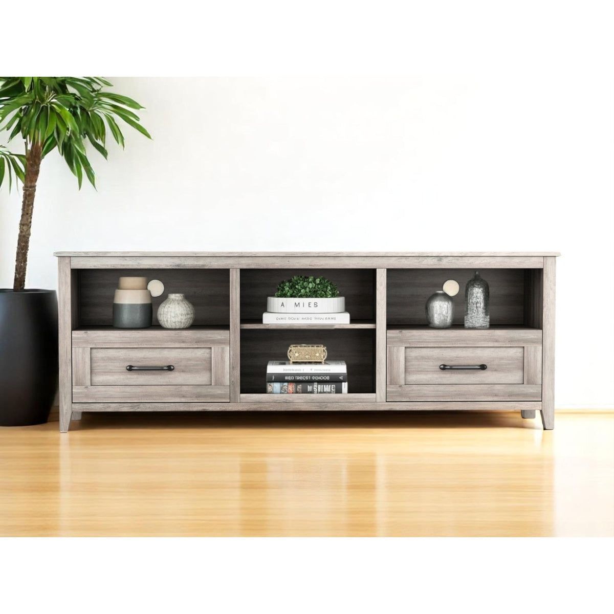 HMS 70 Modern Minimalist Gray Wood Enclosed and Open Storage LED TV Stand for Farmhouse Living Room Cabinet
