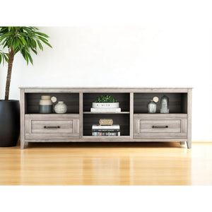 HMS 70 Modern Minimalist Gray Wood Enclosed and Open Storage LED TV Stand for Farmhouse Living Room Cabinet