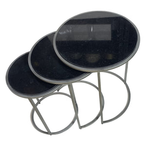 Set of Three Black and Gray Marble Nested Tables with Iron Round Frames for Living Room