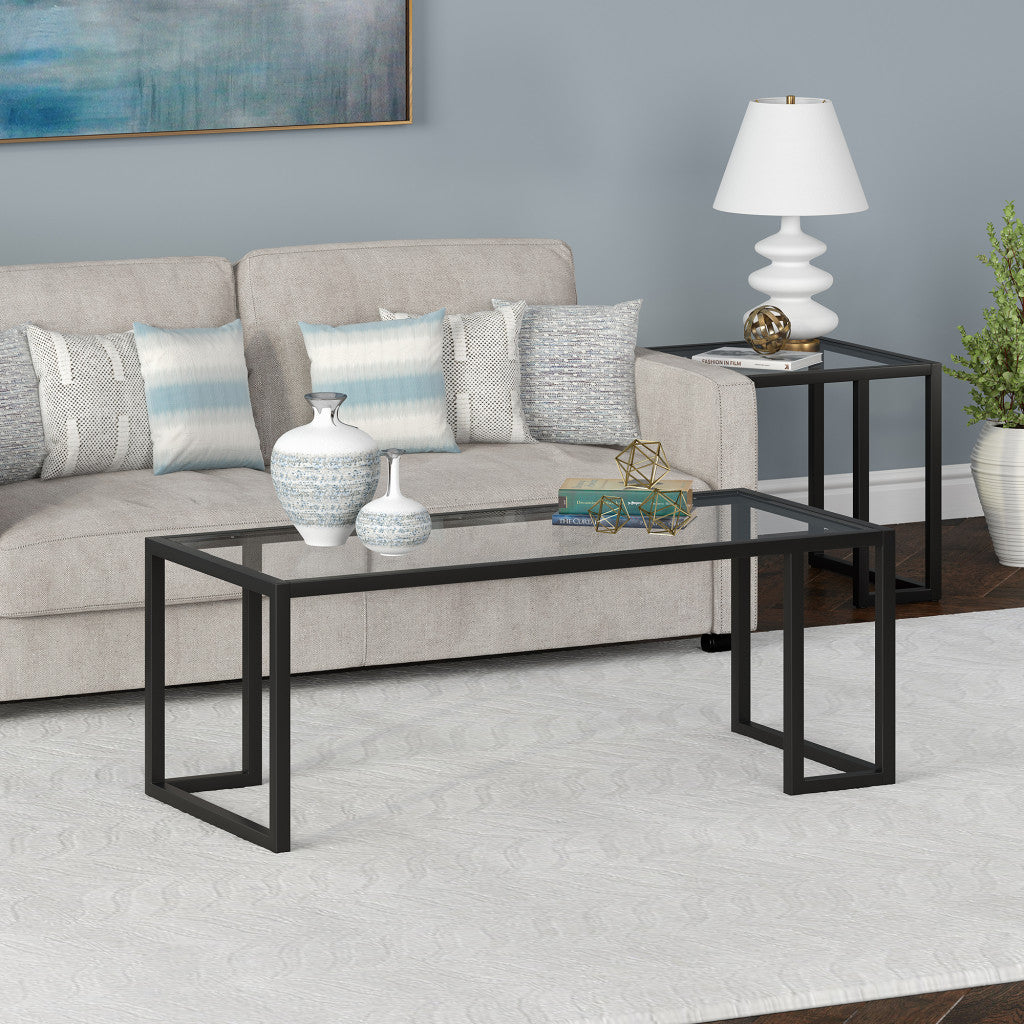 HMS 45 Convertible Coffee Table Black Tempered Glass Top with Steel Frame Modern Simple Farmhouse Style for Living Room