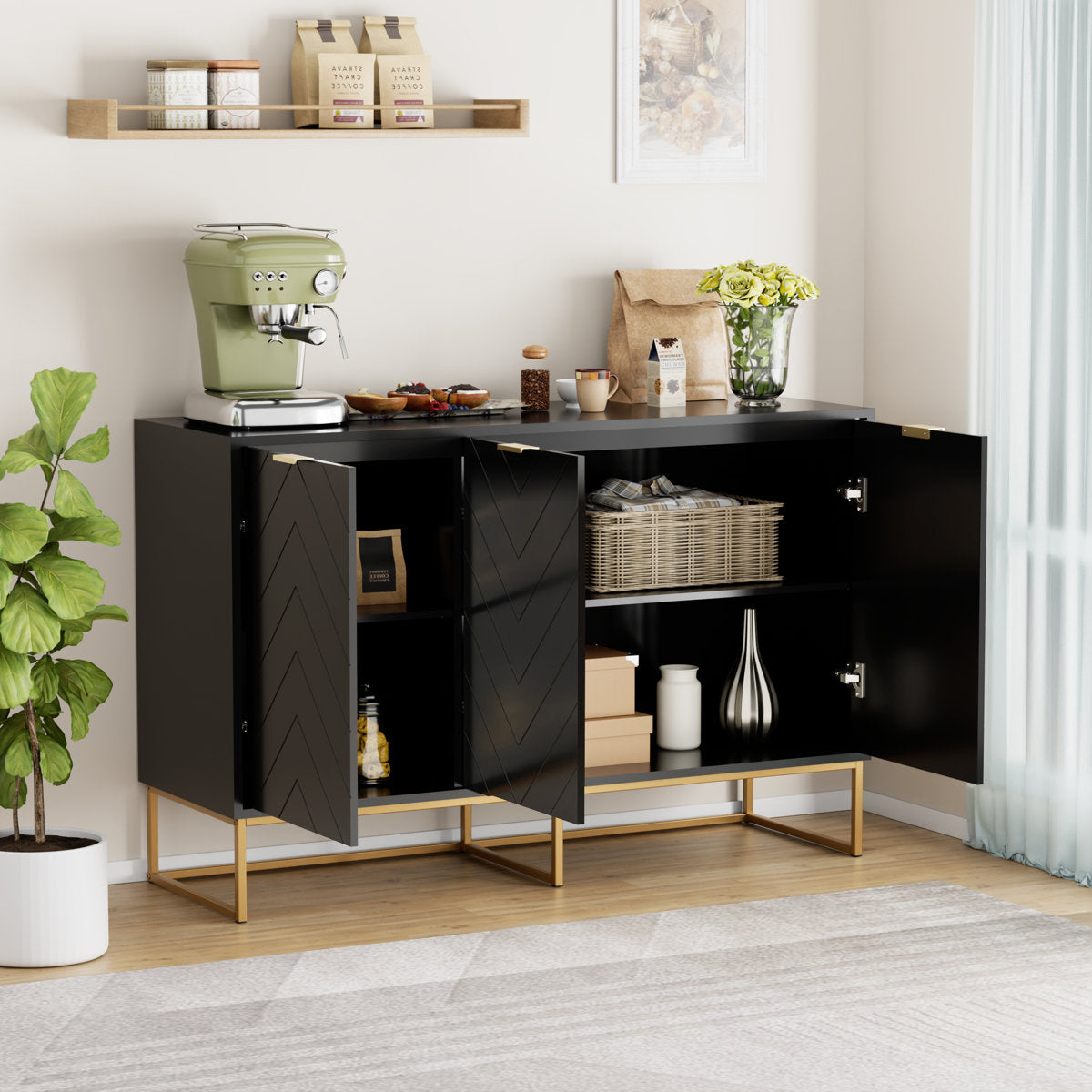 US Overseas Warehouse Free Shipping Black Storage Buffet Cabinet 3 Doors Sideboard Cabinet with Adjustable Shelf
