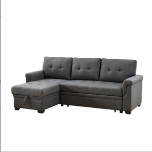 FCJ One-Seater Reversible Linen Sleeper Sectional Sofa Dark Gray with Extendable Storage Chaise for Living Rooms