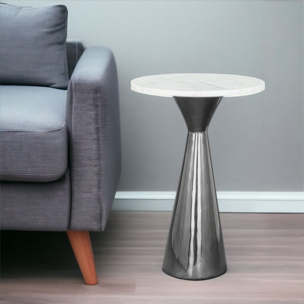 HMS 23\" White and Black Marble Round Pedestal End Table Coffee Tables with Steel Base