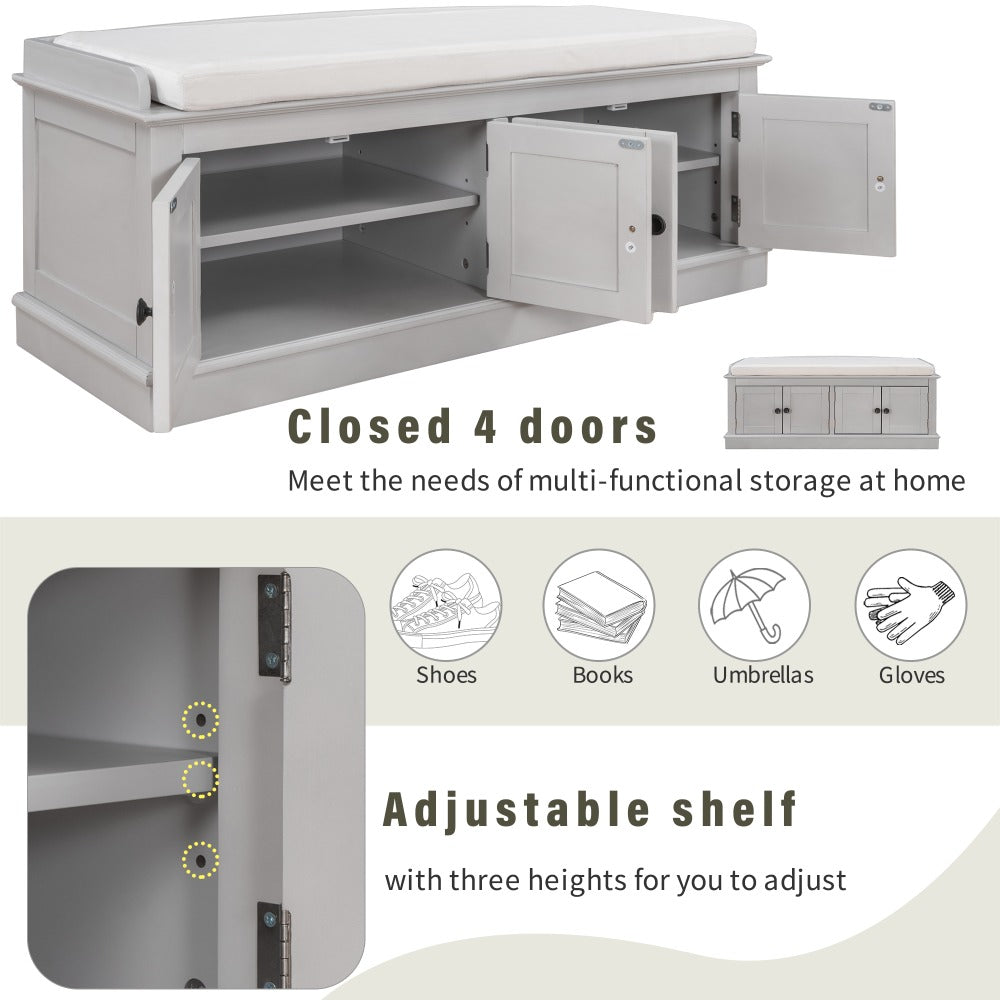 Storage Bench with 4 Doors and Adjustable Shelves, Shoe Bench with Removable Cushion for Living Room