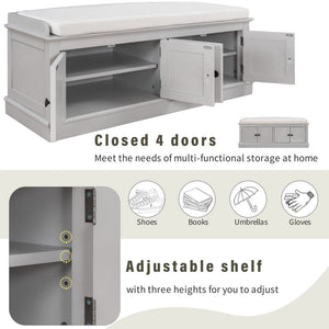 Storage Bench with 4 Doors and Adjustable Shelves, Shoe Bench with Removable Cushion for Living Room
