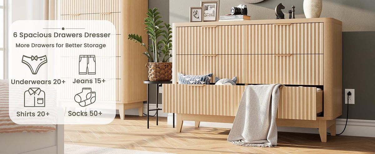 Modern Natural Oak Fluted 6-Drawer Dresser Power Outlet Curved Profile Design for Bedroom Clothing Storage TV Stand Closet