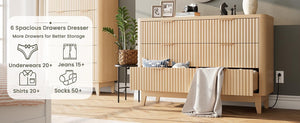 Modern Natural Oak Fluted 6-Drawer Dresser Power Outlet Curved Profile Design for Bedroom Clothing Storage TV Stand Closet